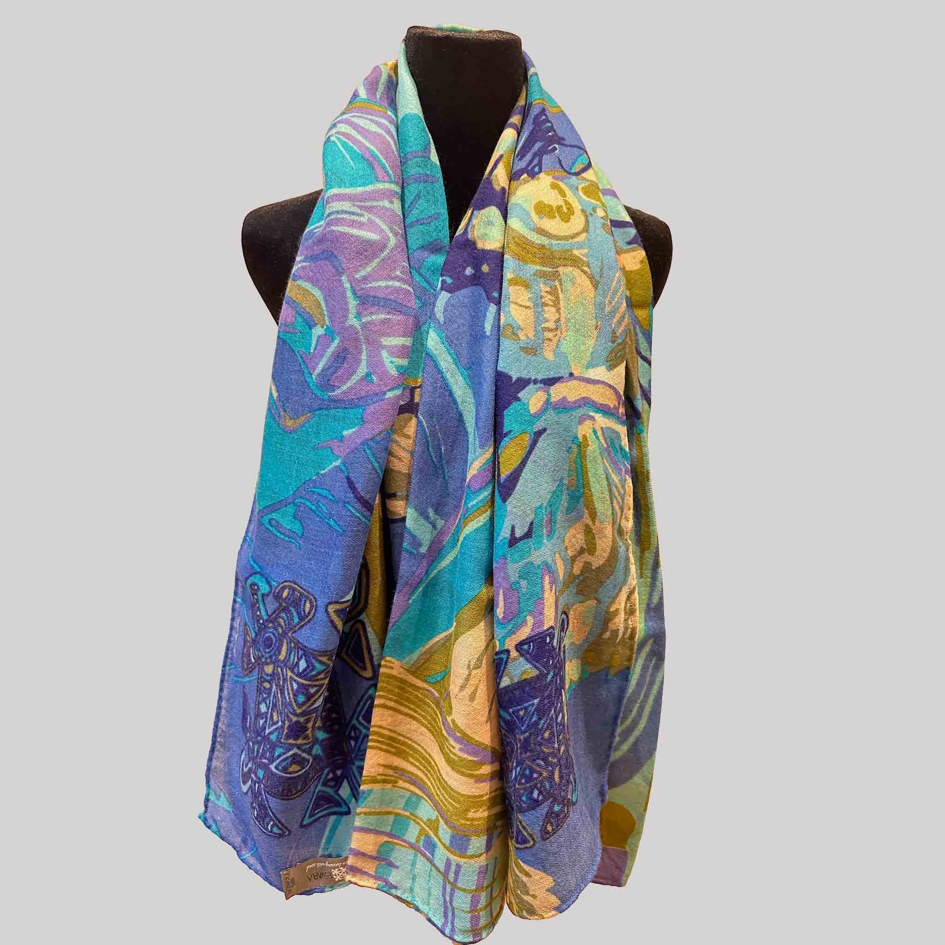 METAMORPHOSE Kaschmir Carre Tuch in den Farben Lila, Türkis, Blau