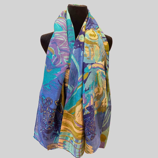 METAMORPHOSE Kaschmir Carre Tuch in den Farben Lila, Türkis, Blau