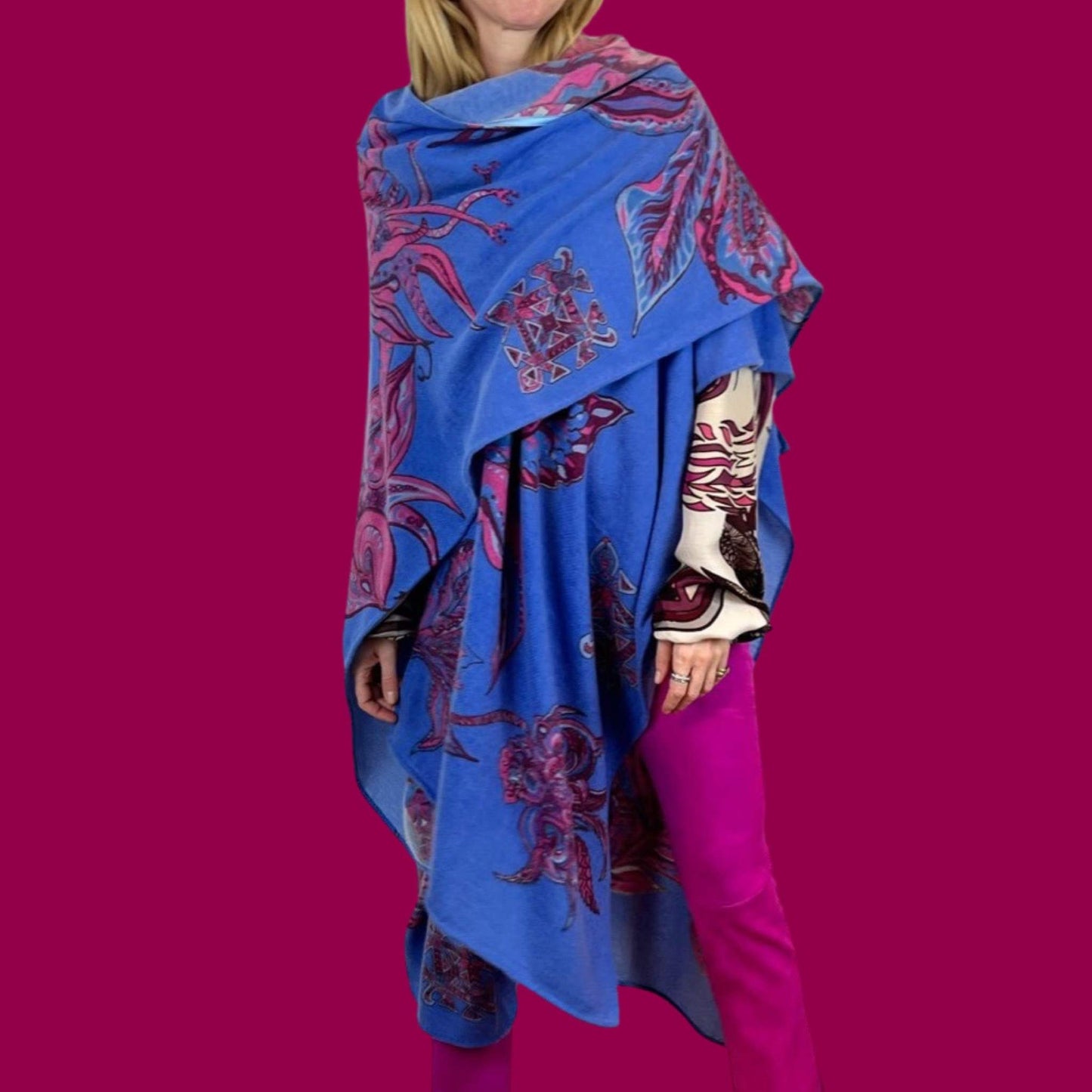 Cape SOUL FLOWERS 100% Kaschmir Stola, pink & Blue LIMITED EDITION 4/5