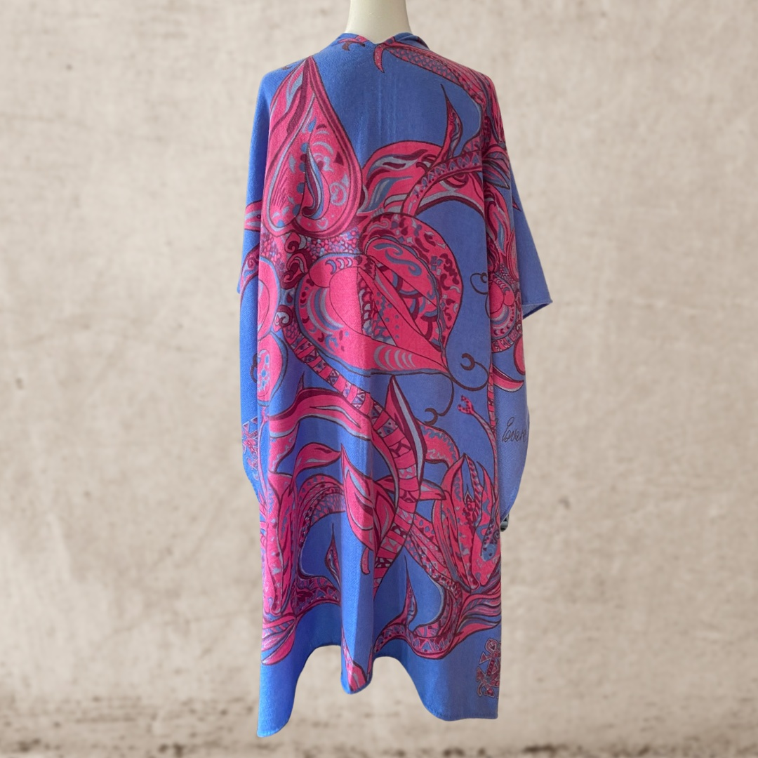 Cape SOUL FLOWERS 100% Kaschmir Stola, pink & Blue LIMITED EDITION 4/5