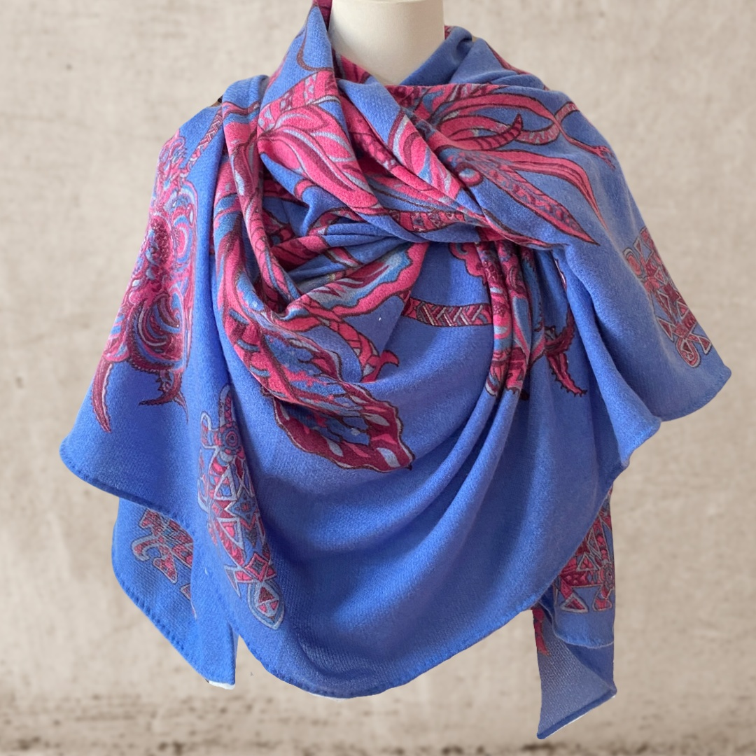 Cape SOUL FLOWERS 100% Kaschmir Stola, pink & Blue LIMITED EDITION 4/5