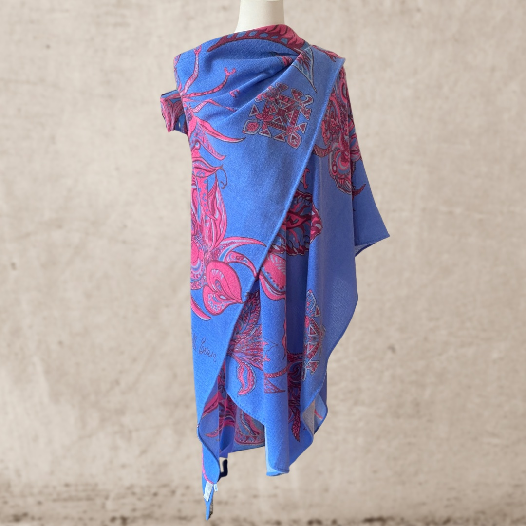 Cape SOUL FLOWERS 100% Kaschmir Stola, pink & Blue LIMITED EDITION 4/5