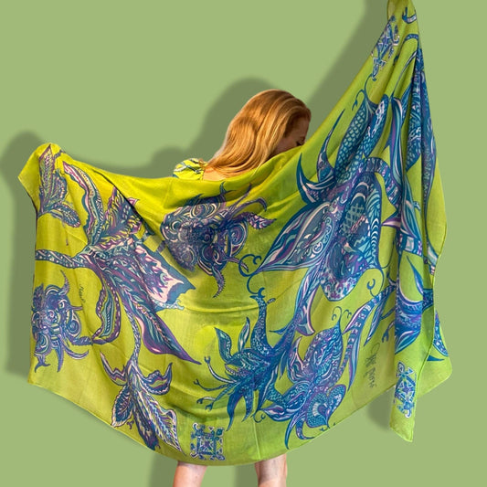 “SOUL FLOWERS" Light summer scarf made of 100% light baby cashmere. 220x120 - Limited to 8 pieces