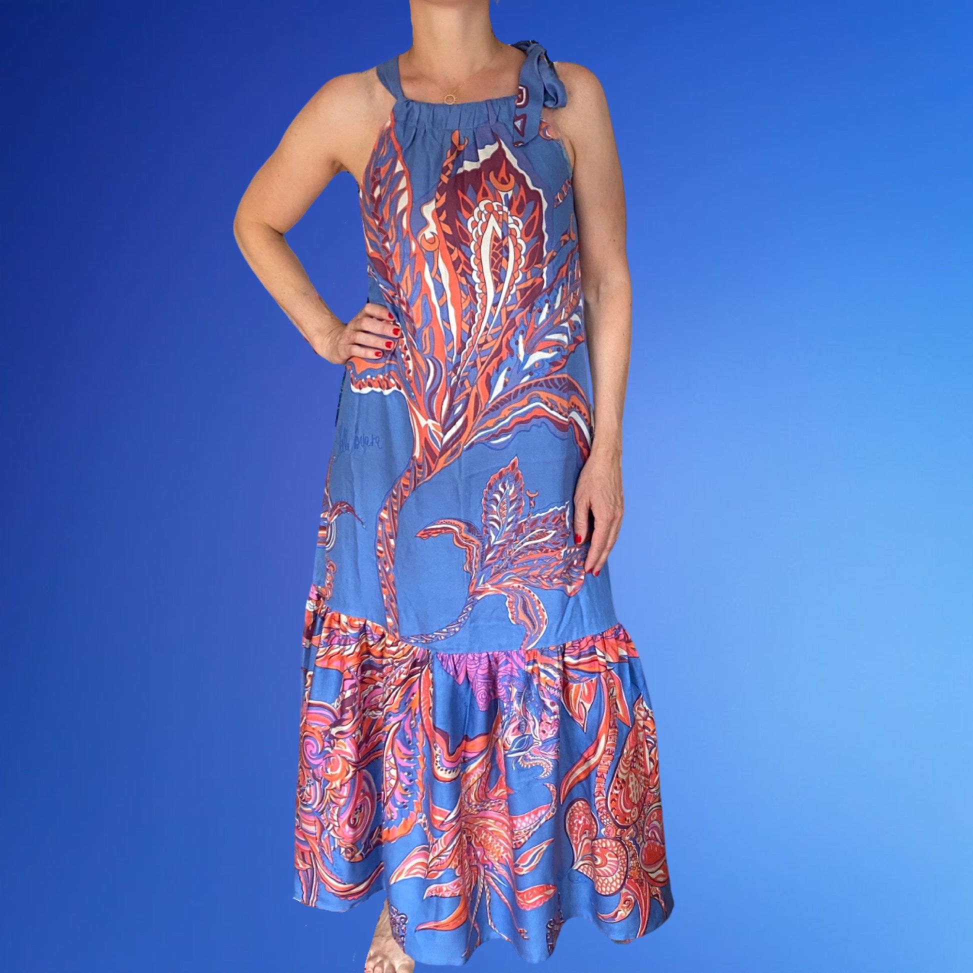 Maxi Kleid SOUL FLOWERS, 100 % handgewobene Seide, blau&orange, Unikat