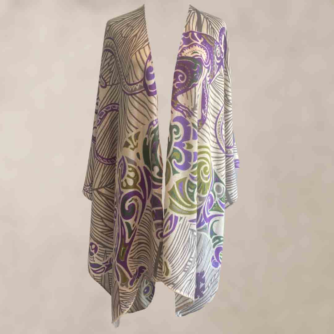 JUNGLE LOVE GREEN Kaschmir Cape/Stola, gruen & grau & creme, limited 2