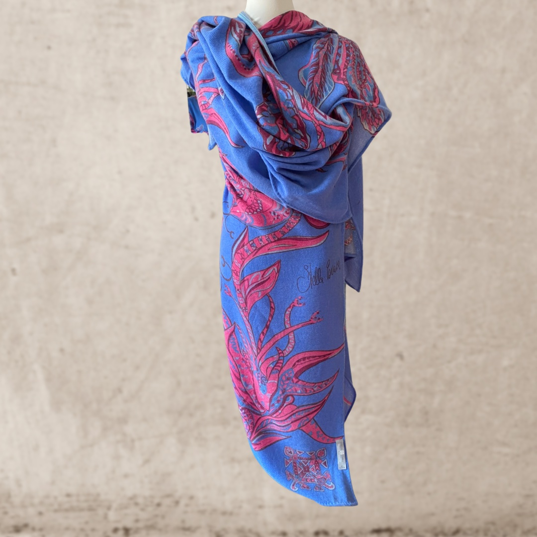 Cape SOUL FLOWERS 100% Kaschmir Stola, pink & Blue LIMITED EDITION 4/5