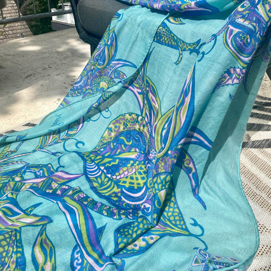 Schal SOUL FLOWERS, 100% Baby Kaschmir, 220 x 120, Türkis, Limitiert 5