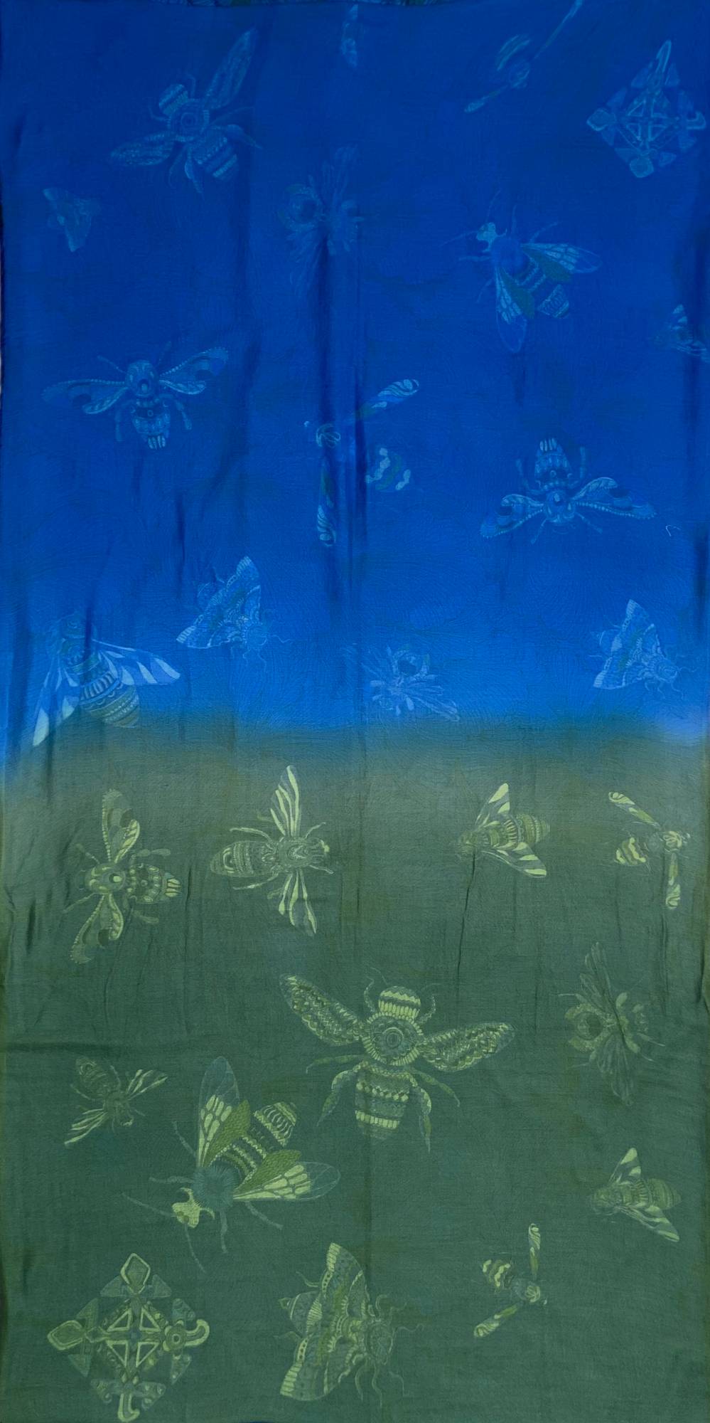 Scarf two-layer doubleface silk printed "JUST BEES" 100x200 back 100% cashmere blue-green