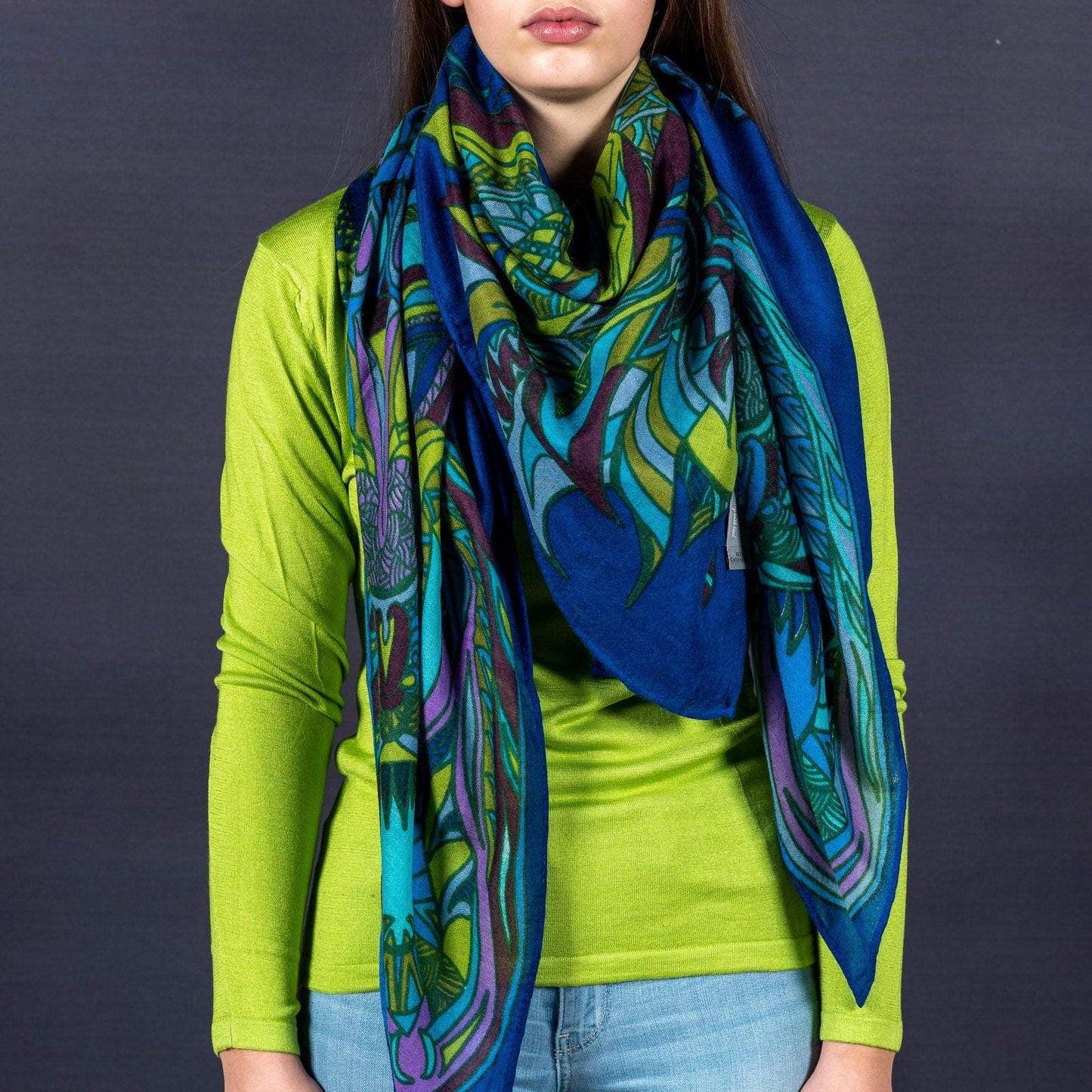 "WILD LIFE" blue/green LIMITED EDITION 4/5 cashmere scarf