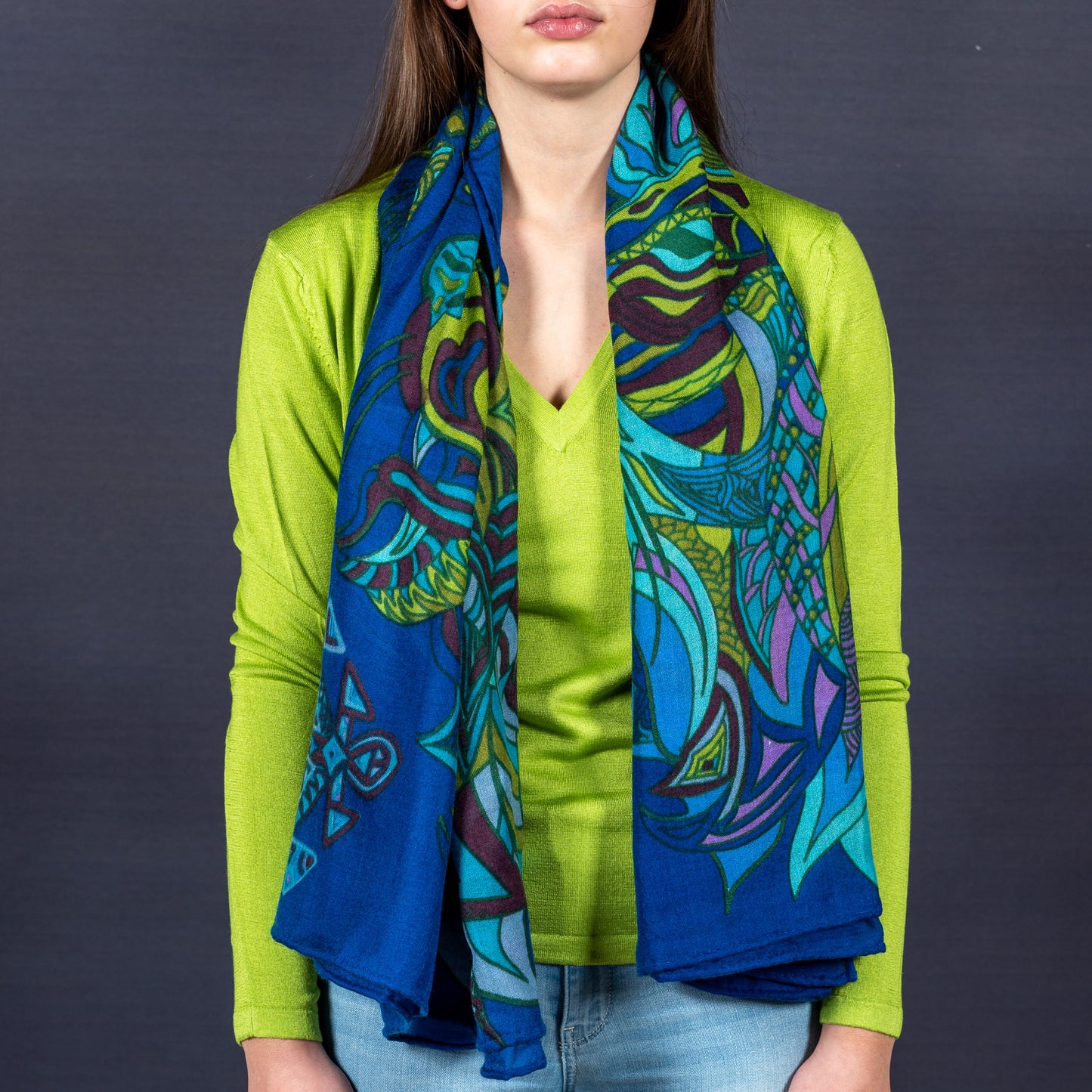 "WILD LIFE" blue/green LIMITED EDITION 4/5 cashmere scarf
