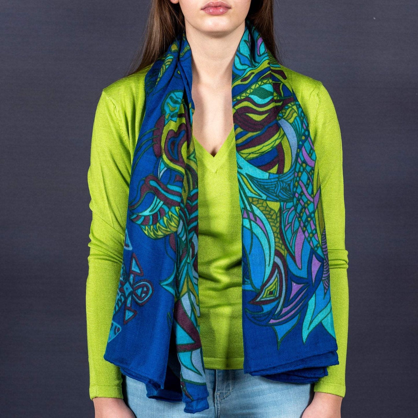 "WILD LIFE" blue/green LIMITED EDITION 4/5 cashmere scarf