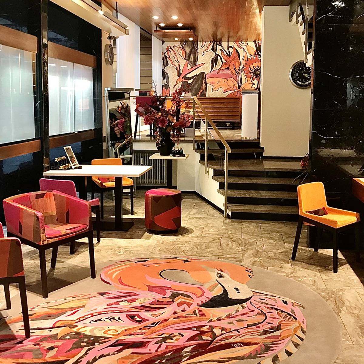 FIRE FLAMINGO carpet art - unique - unique designer rug 260 cm - knotting time approx. 270 days