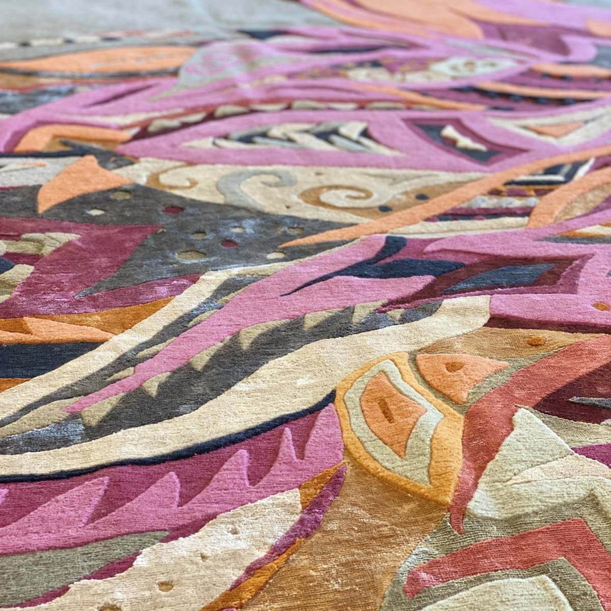 FIRE FLAMINGO Teppich Kunst - Unikat - Unique Designer Rug 260 cm - Knüpfzeit ca 270 Tage