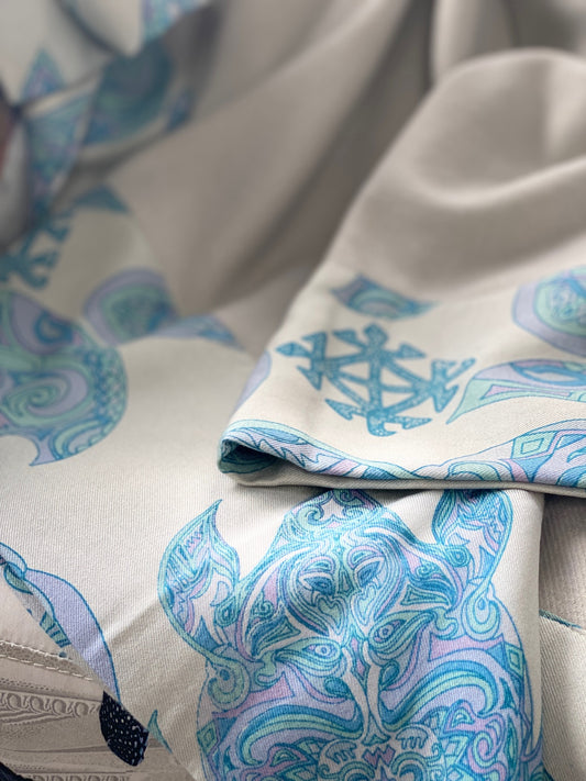 Plaid EVSARA TURTLES on silk - finest 100% twill weave cashmere - blanket with handmade silk border