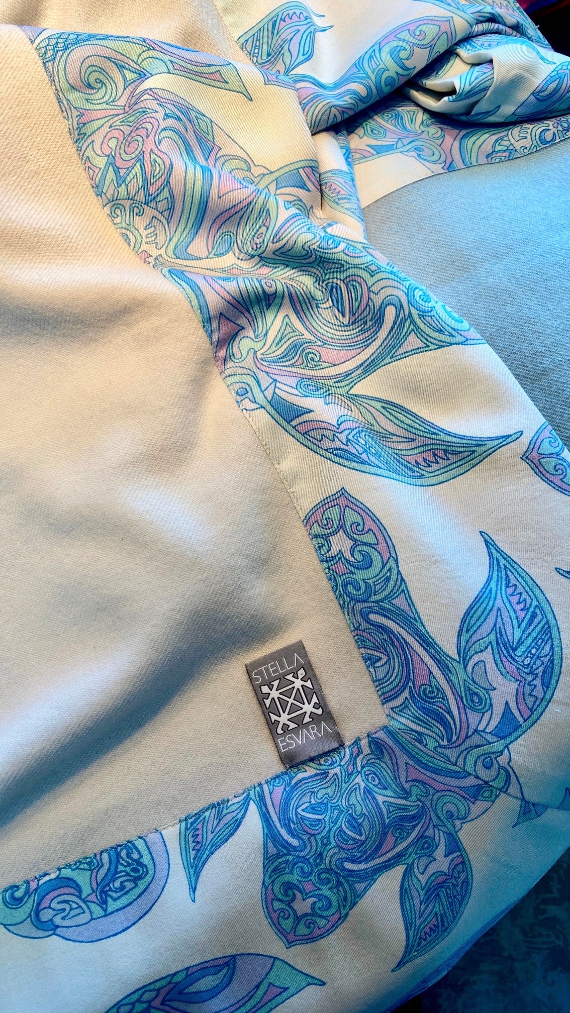Plaid EVSARA TURTLES on silk - finest 100% twill weave cashmere - blanket with handmade silk border