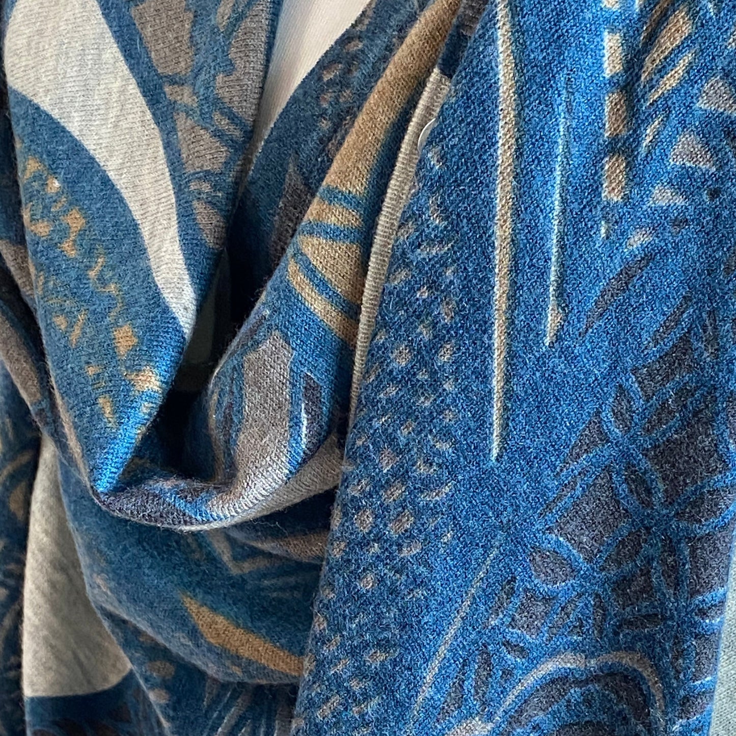 Cashmere stole or dress - SOUL LEAVES 100% cashmere fine knit XL 200x200 - blue petrol &amp; greige