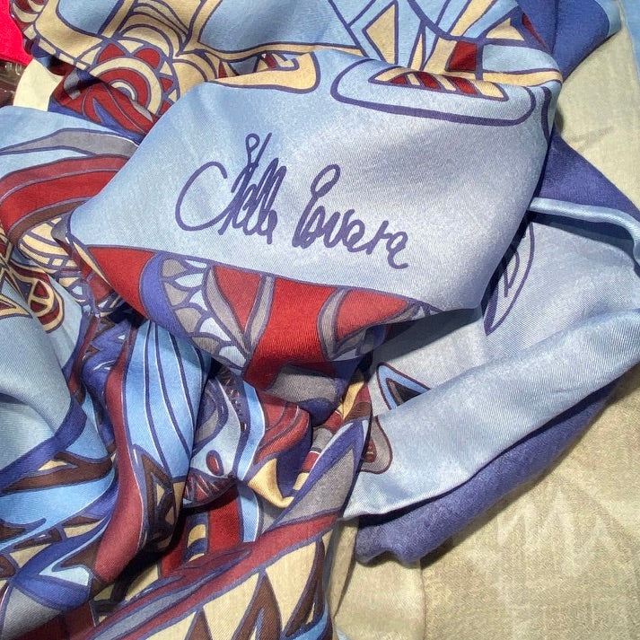 "WILD LIFE"- LIMITED EDITION #5 of 5 pieces - silk and cashmere scarf. Double face Maroon, burgundy on blue heaven. 