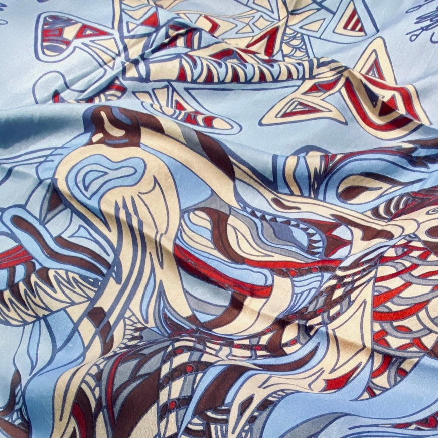 "WILD LIFE"- LIMITED EDITION #5 of 5 pieces - silk and cashmere scarf. Double face Maroon, burgundy on blue heaven. 