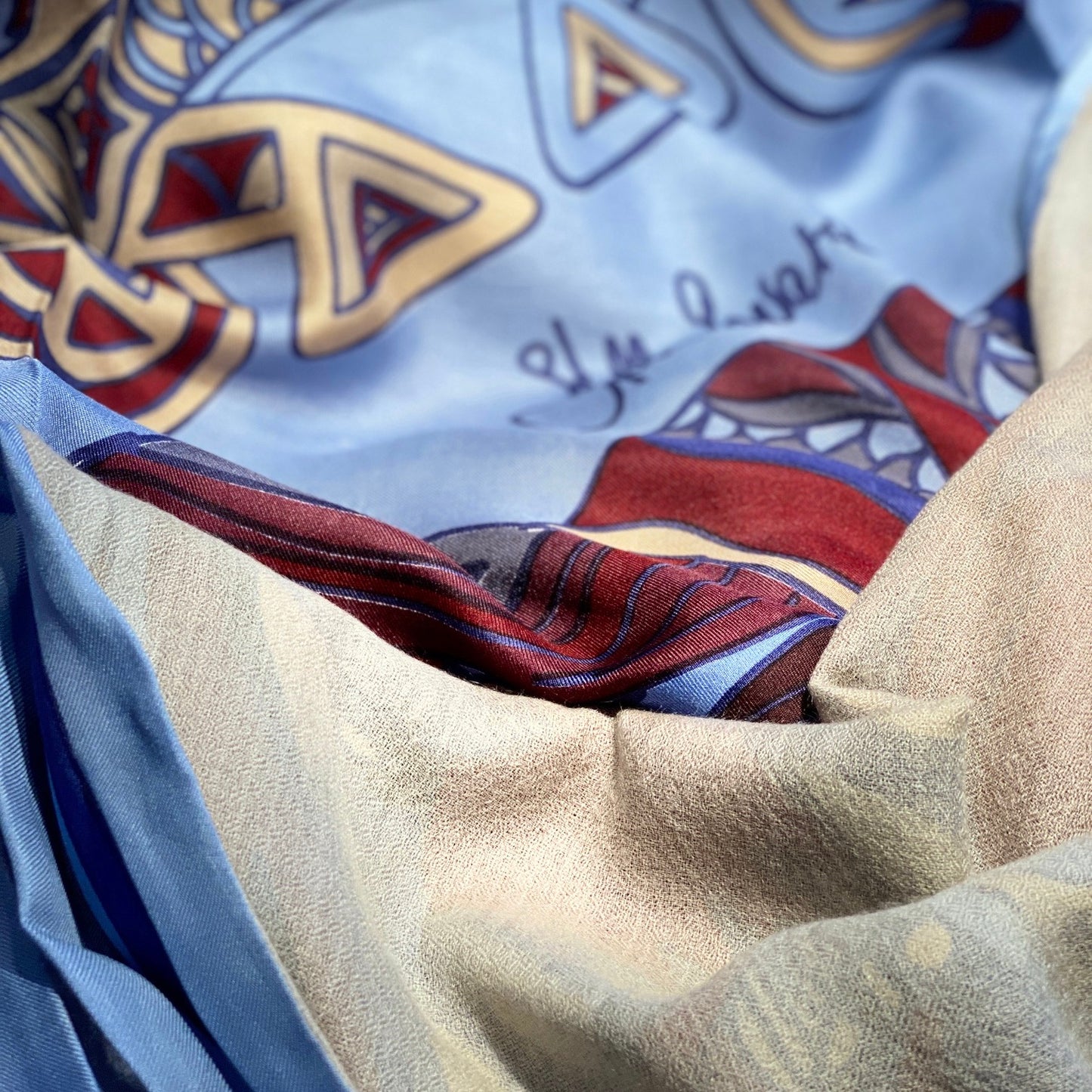 "WILD LIFE"- LIMITED EDITION #5 of 5 pieces - silk and cashmere scarf. Double face Maroon, burgundy on blue heaven. 