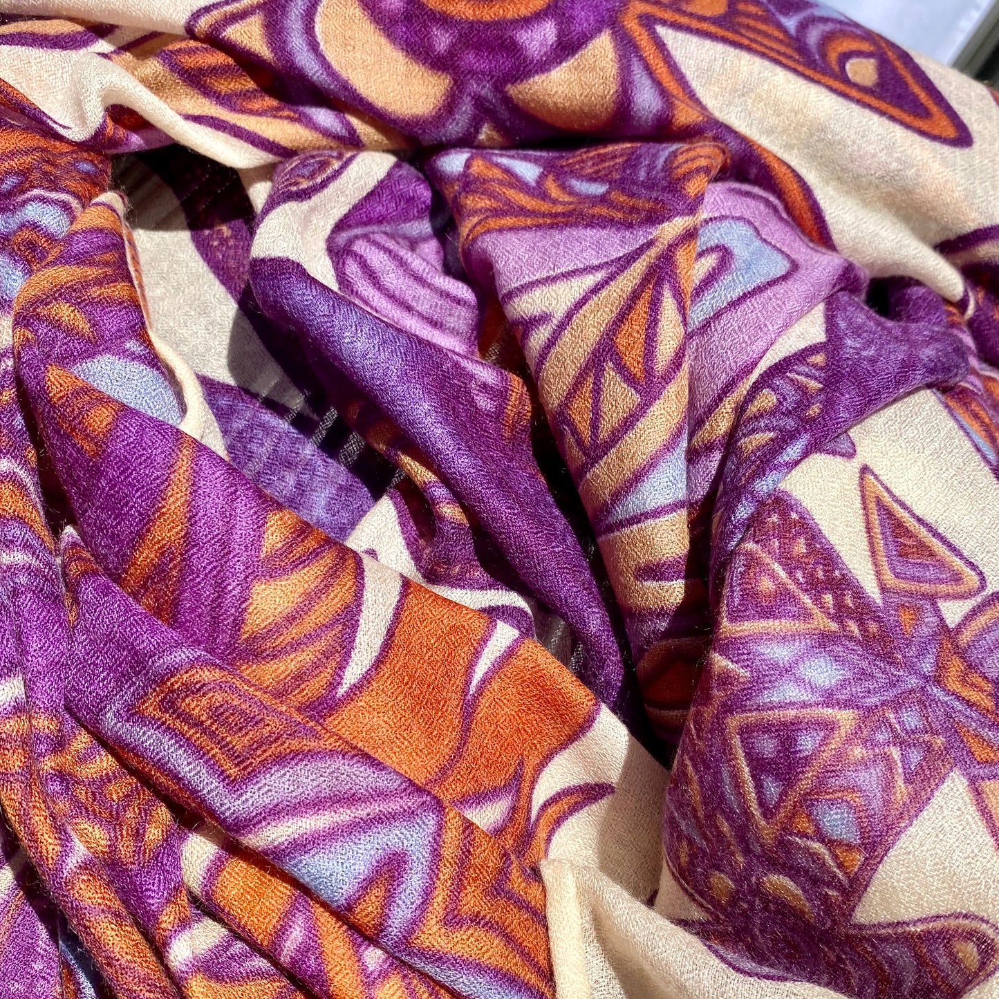 Cashmere scarf - stole - superfine AAA baby cashmere 140x200 "FLAMINGO GARDENS" Limited Edition PURPLE &amp; ORANGE