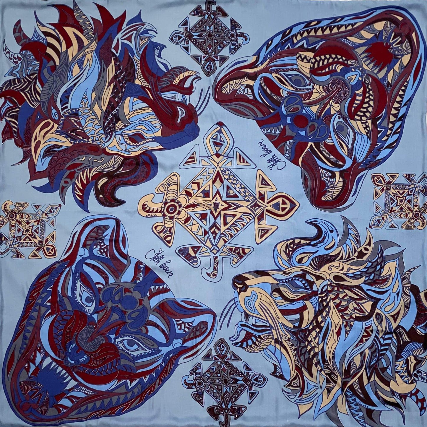 "WILD LIFE"- LIMITED EDITION #5 of 5 pieces - silk and cashmere scarf. Double face Maroon, burgundy on blue heaven. 