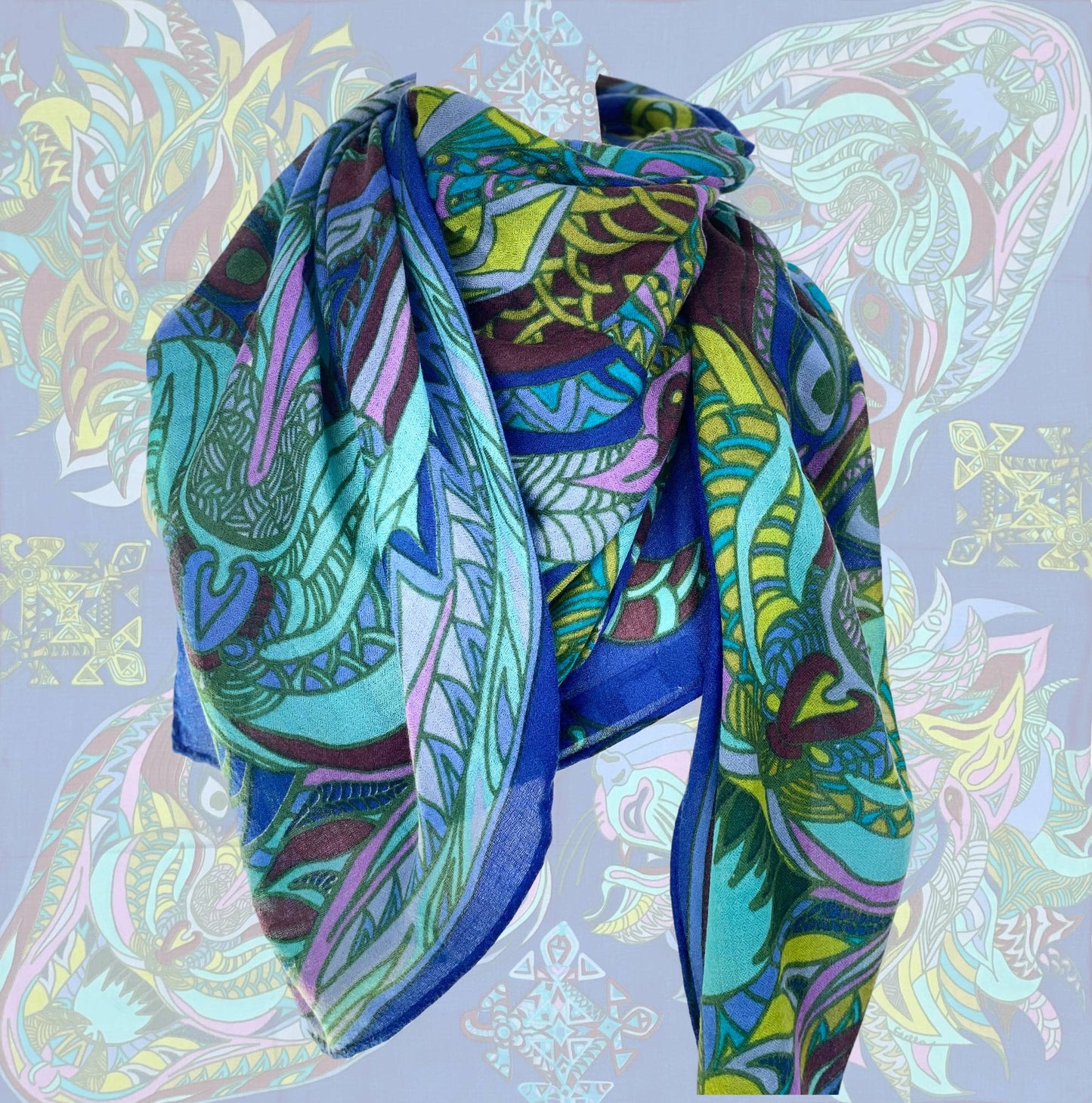 "WILD LIFE" blue/green LIMITED EDITION 4/5 cashmere scarf