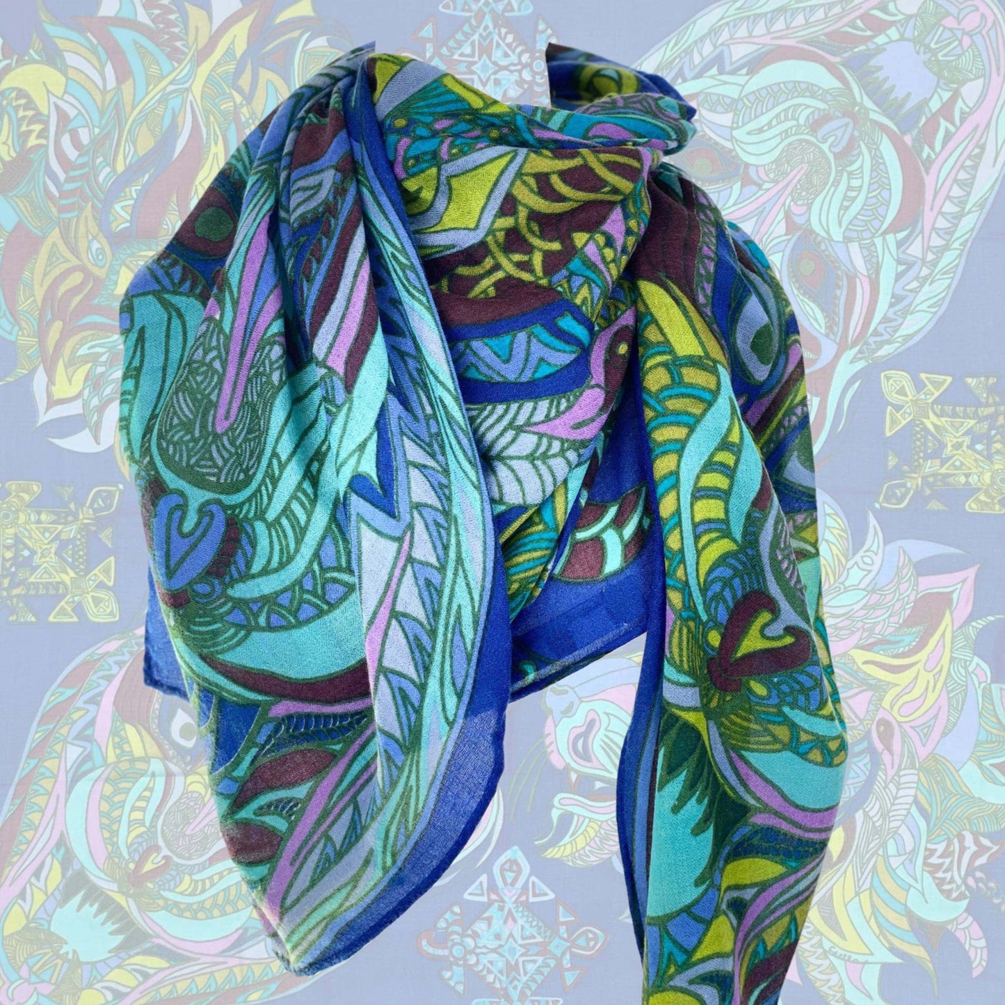 "WILD LIFE" blue/green LIMITED EDITION 4/5 cashmere scarf