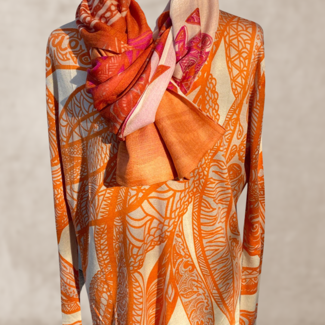 “SOUL LEAVES” fine knit sweater - orange &amp; cream - hand printed from 100% light baby cashmere - limited to 5 pieces