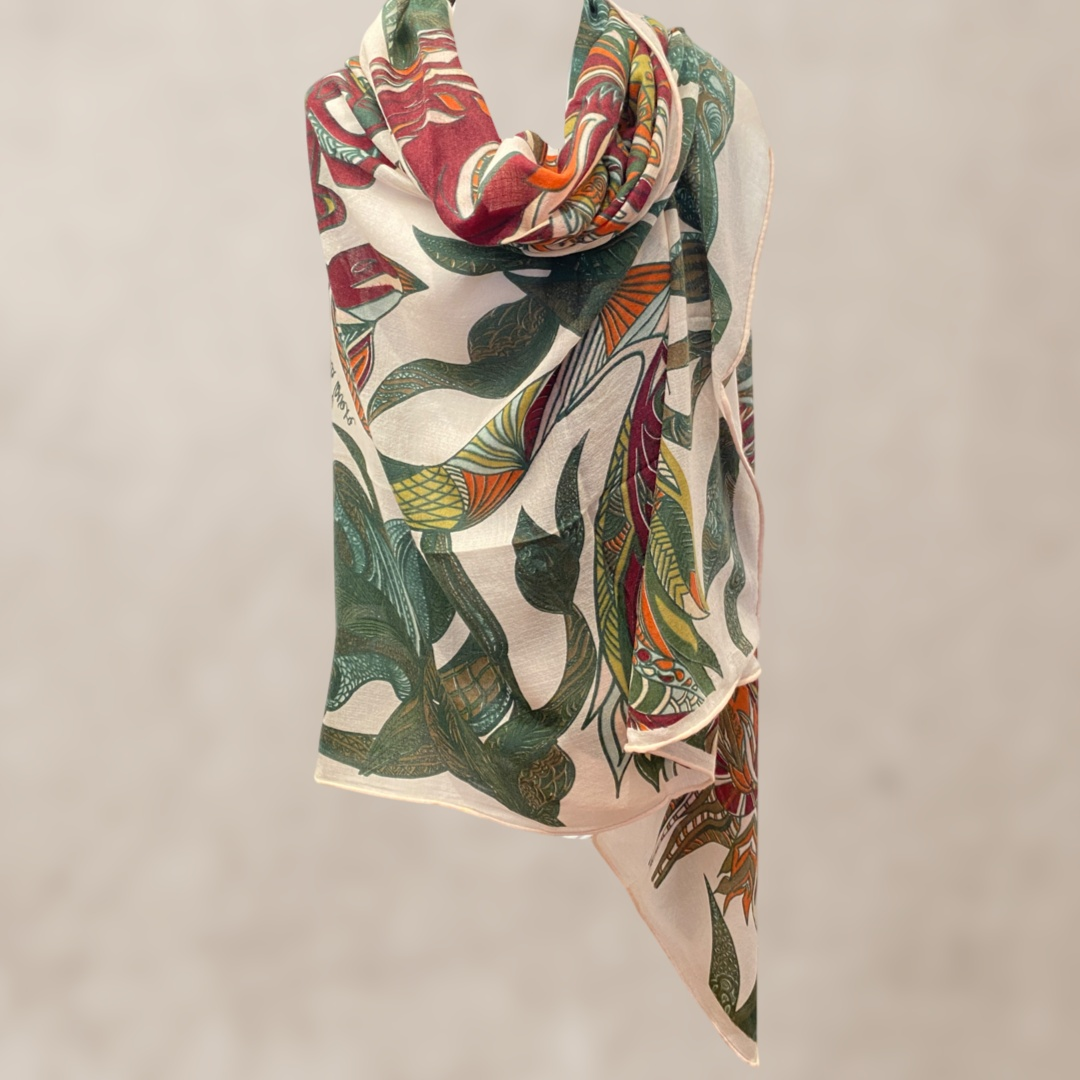 Cashmere XL scarf “FLAMINGO GARDENS” Limited Edition / pink &amp; green