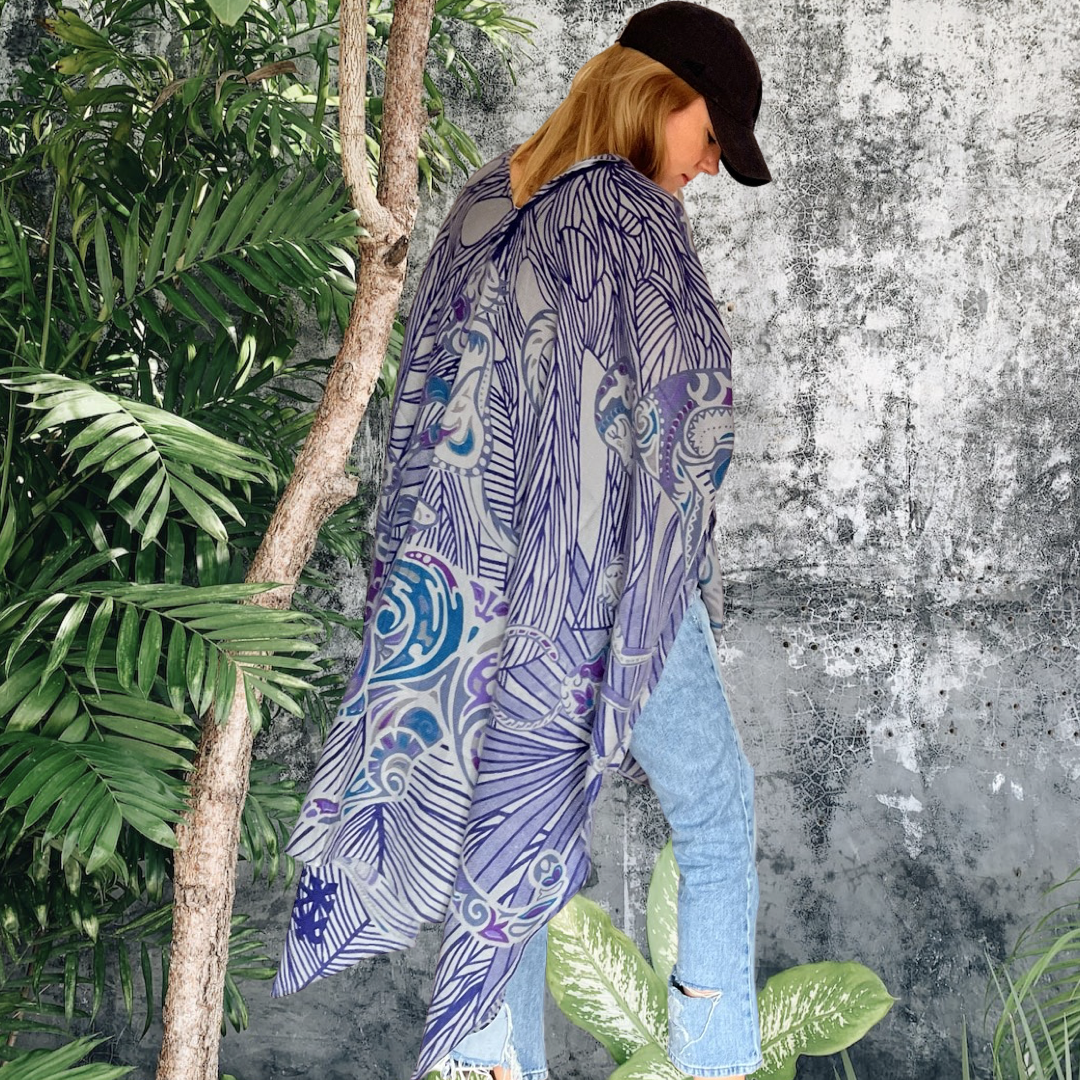Cashmere CAPE - stole- handmade 200x140 JUNGLE LOVE Limited to 2 pieces! Purple, teal &amp; grey
