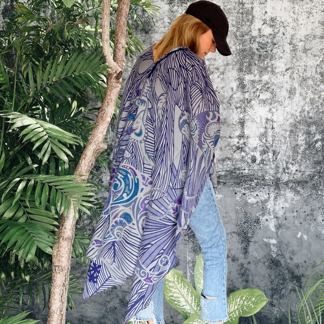 JUNGLE LOVE Kaschmir Cape/Stola, purple & petrol & grau, limited 2