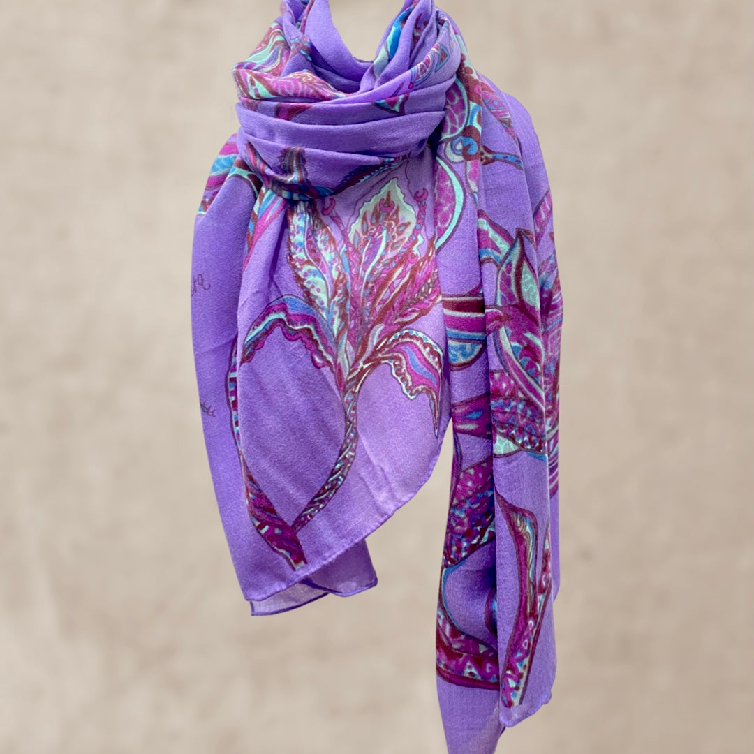 “SOUL FLOWERS” Light summer scarf made from 100% finest baby cashmere. 220x120 - “very peri” purple - limited to 5 pieces