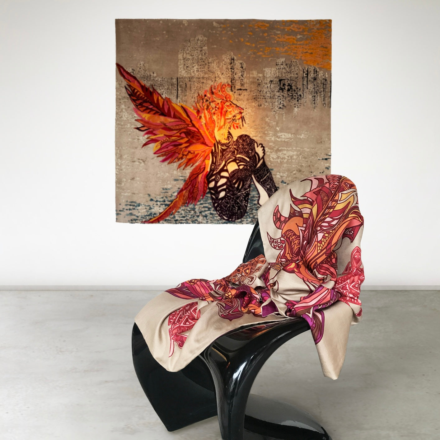 “FIREANGEL” drawing knotted as a carpet in 3D - 140x140 cm