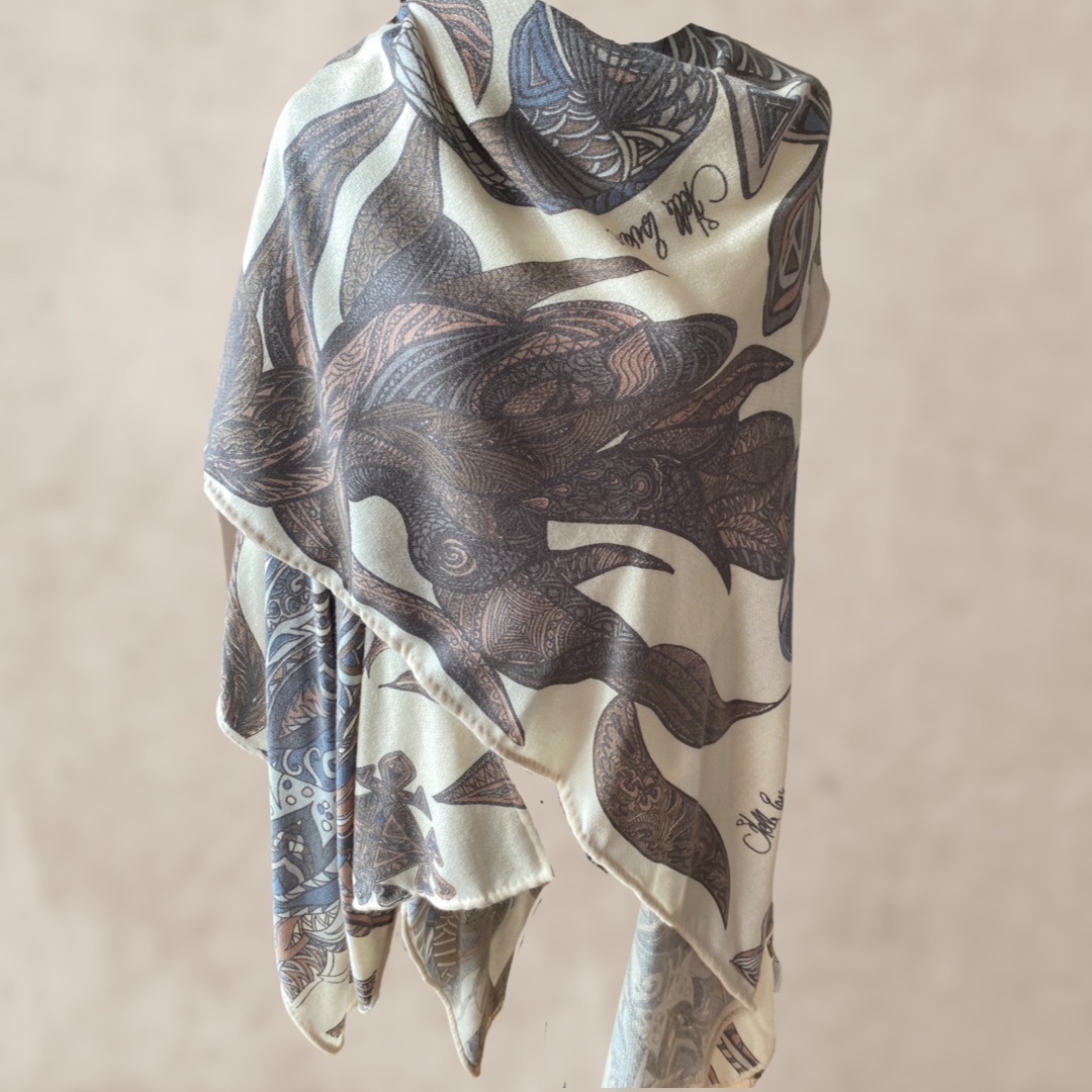 Cashmere Stole - Cape “FLAMINGO GARDEN” Taupe &amp; Cream LIMITED EDITION 3/6