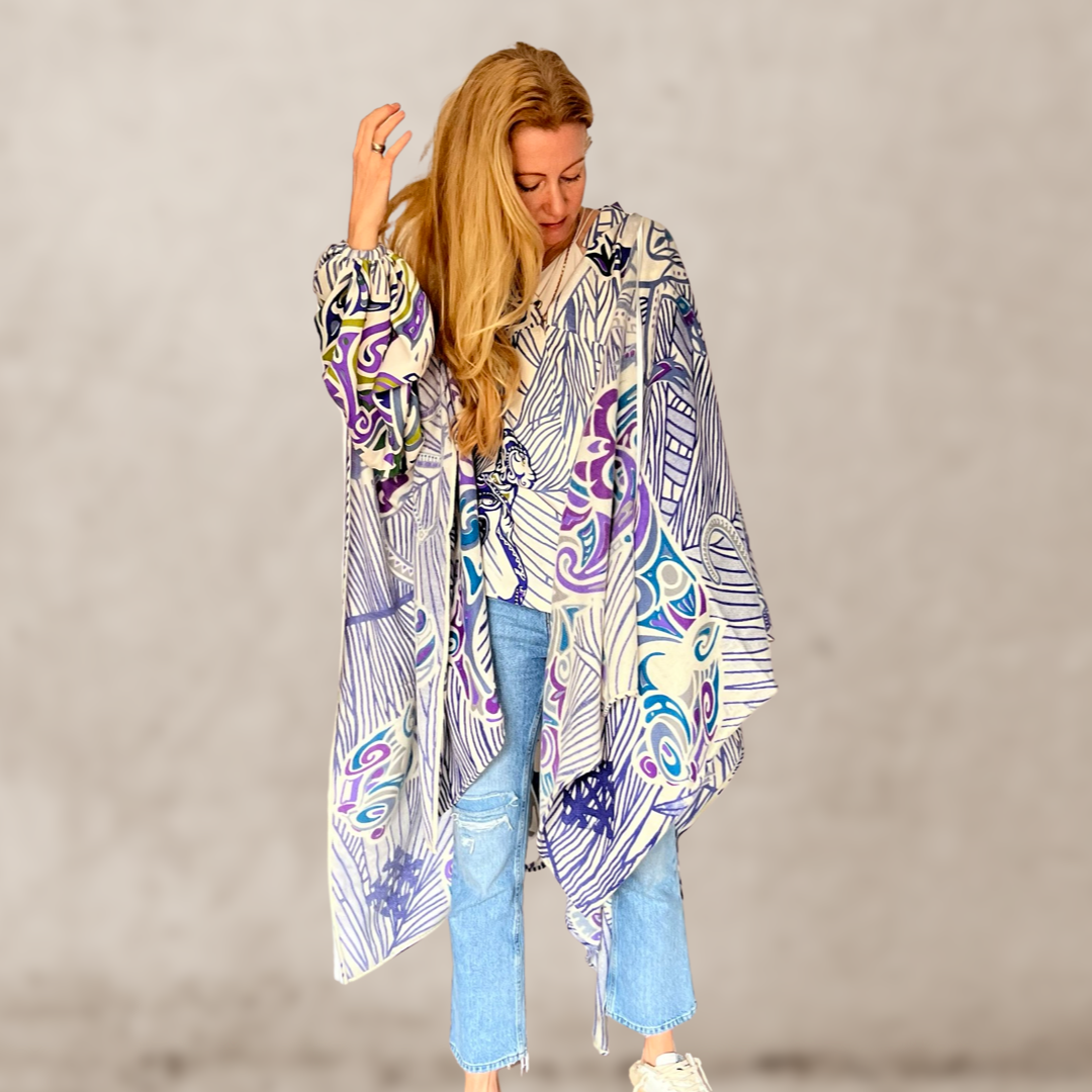 Cashmere CAPE - stole- handmade 200x140 JUNGLE LOVE Limited to 5 pieces! Lilac, teal and iris blue on cream &amp; grey