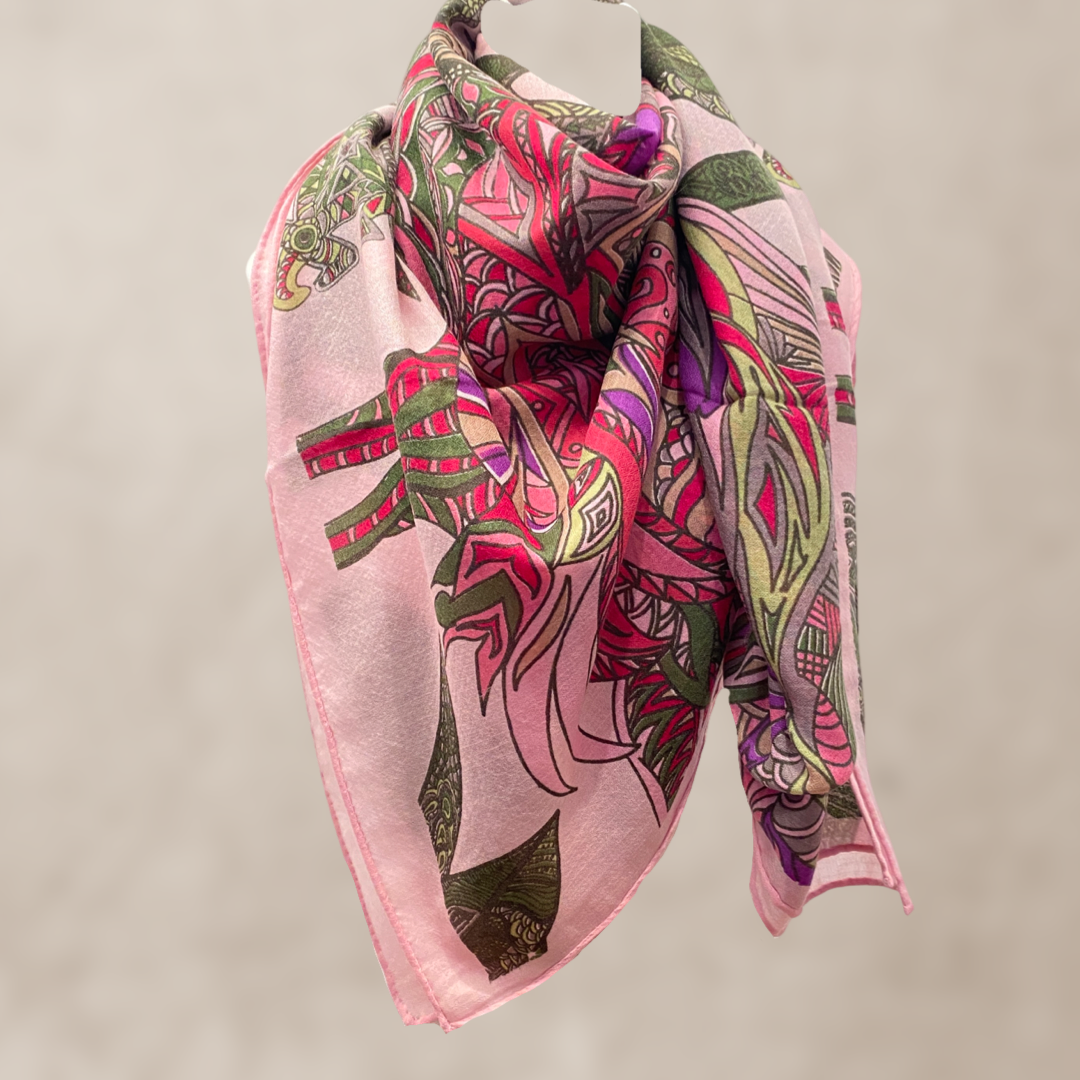Cashmere XL scarf “FLAMINGO GARDENS” Limited Edition / pink &amp; green