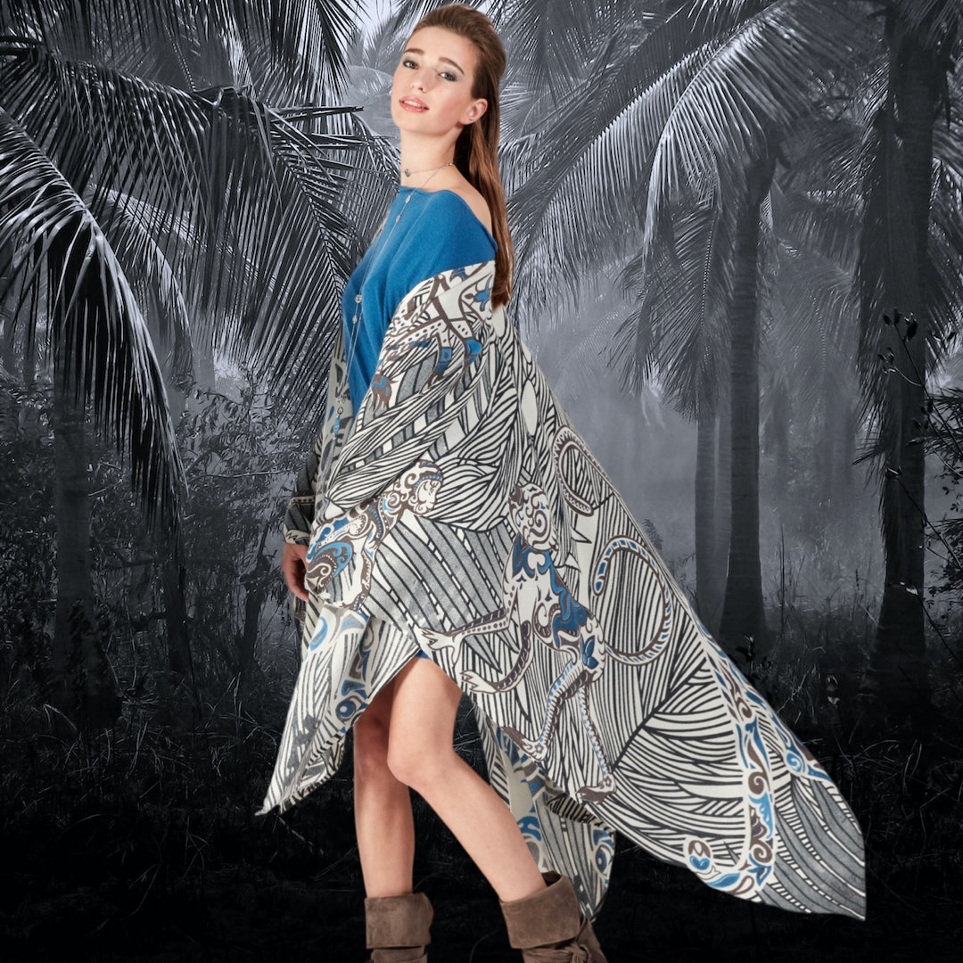 Cashmere stole - CAPE - JUNGLE LOVE handmade 200x140 limited to 5 pieces! Blue-black-white