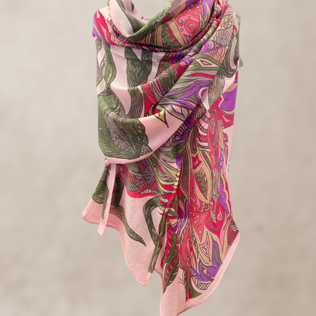 Cashmere XL scarf “FLAMINGO GARDENS” Limited Edition / pink &amp; green