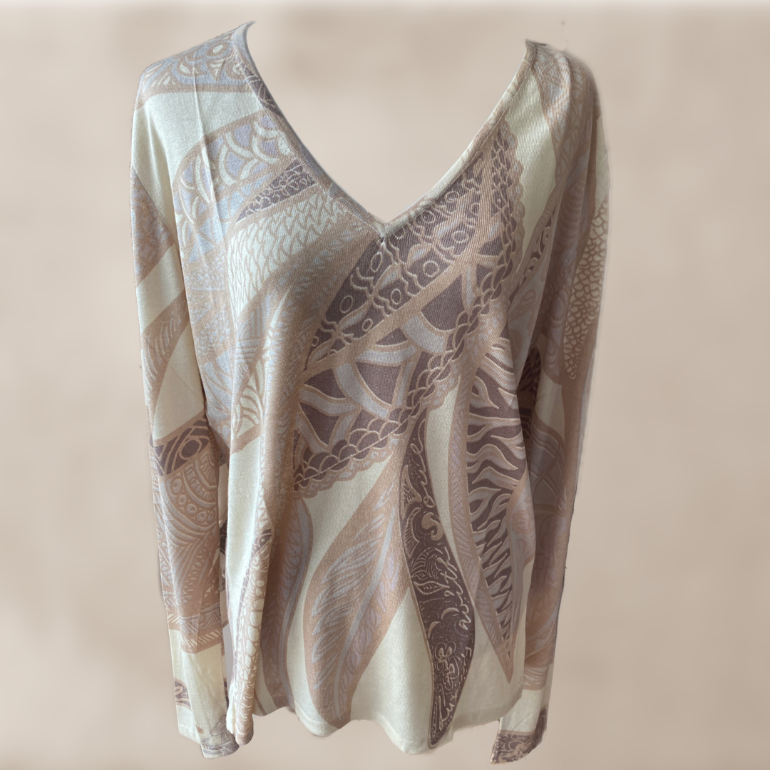 “SOUL LEAVES” fine knit sweater - beige &amp; cream - hand printed from 100% light baby cashmere - limited to 3 pieces