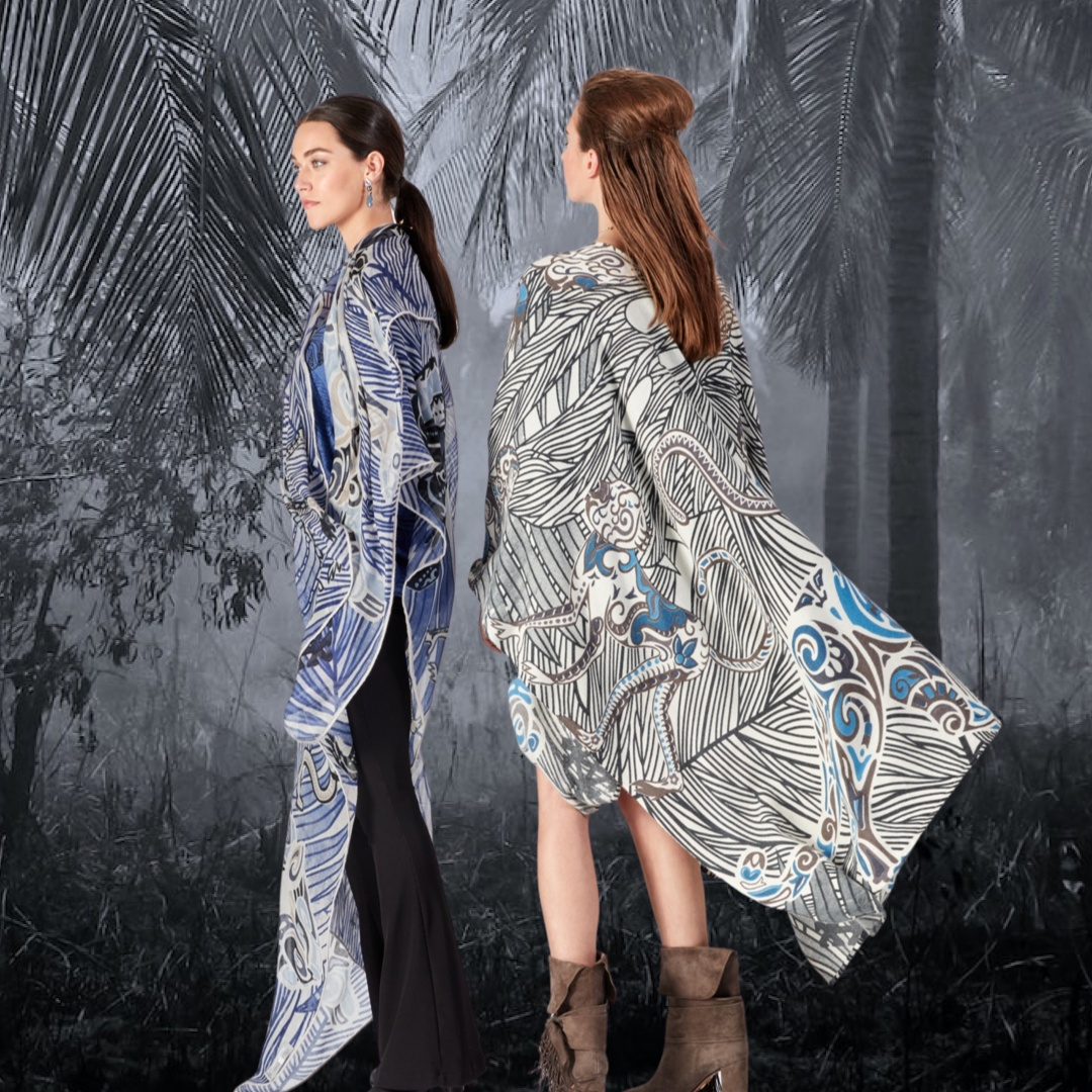 Cashmere stole - CAPE - JUNGLE LOVE handmade 200x140 limited to 5 pieces! Blue-black-white