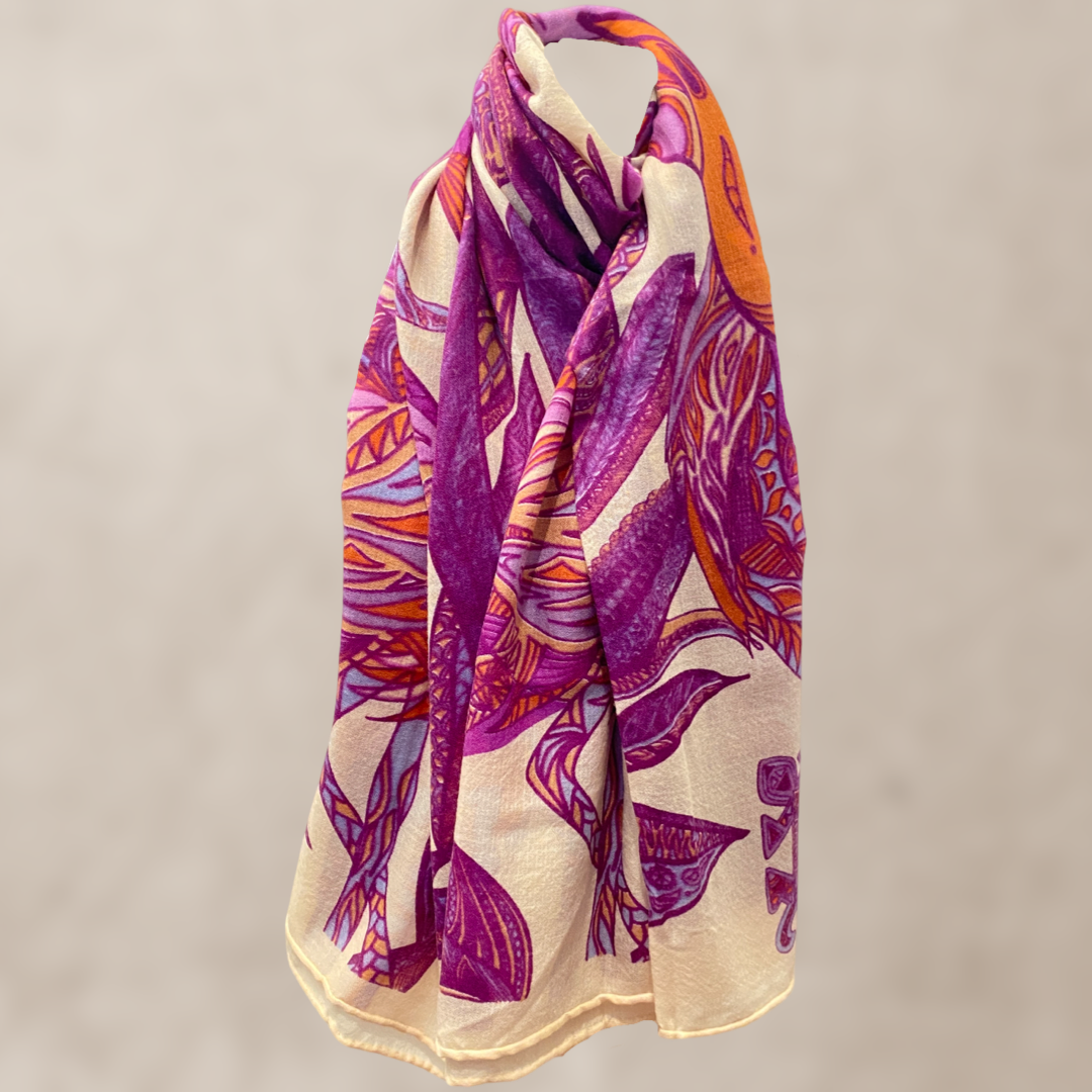 Cashmere scarf - stole - superfine AAA baby cashmere 140x200 "FLAMINGO GARDENS" Limited Edition PURPLE &amp; ORANGE