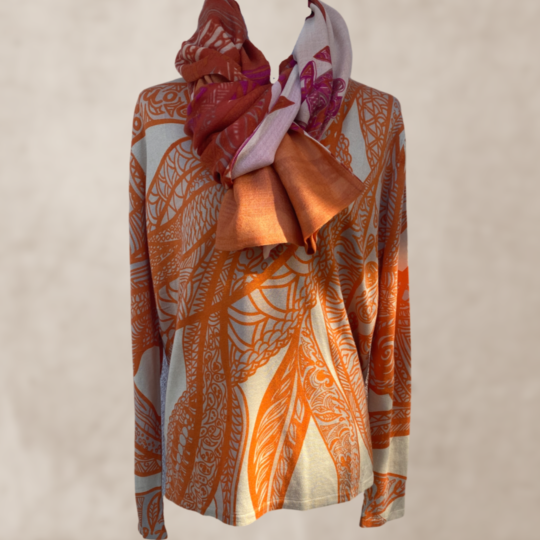 “SOUL LEAVES” fine knit sweater - orange &amp; cream - hand printed from 100% light baby cashmere - limited to 5 pieces