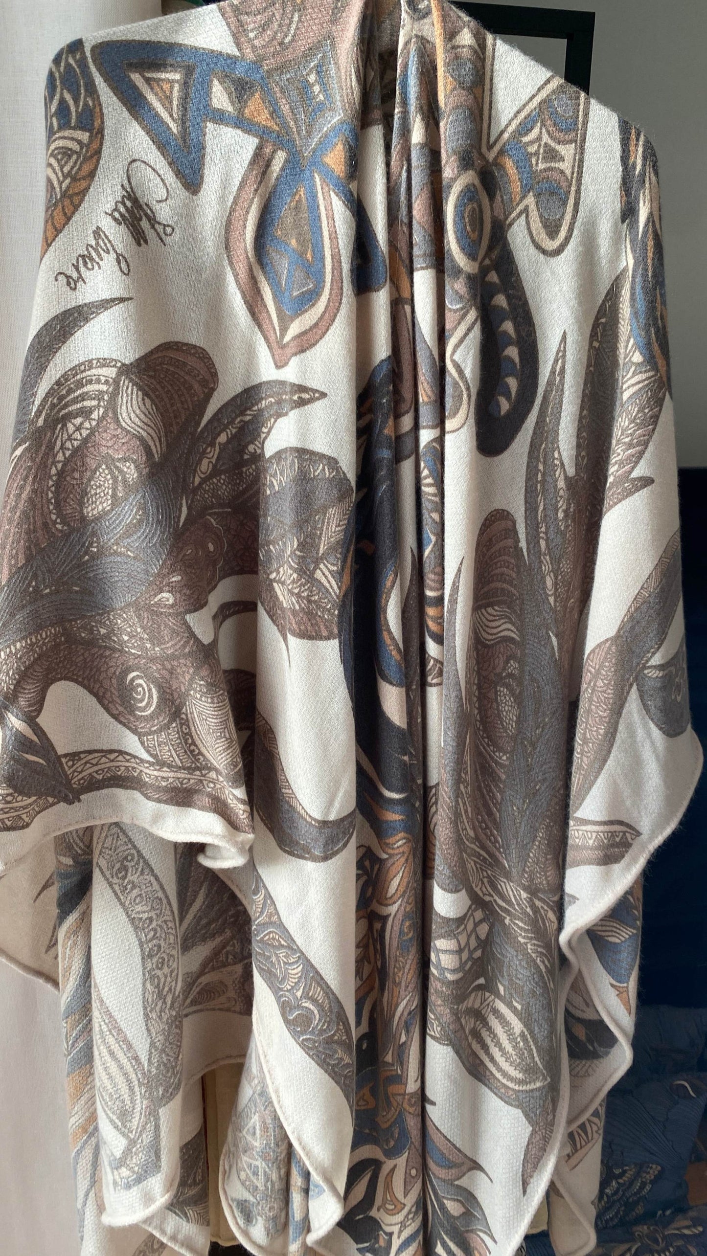 Cashmere Stole - Cape “FLAMINGO GARDEN” Taupe &amp; Cream LIMITED EDITION 3/6